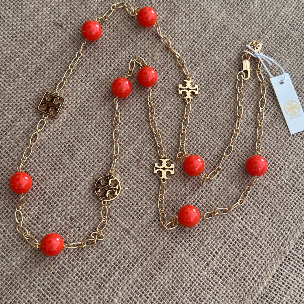 Tory Burch - Evie Logo Chain Rosary - Poppy Red/Gold